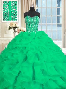 Edgy Sweetheart Sleeveless 15th Birthday Dress With Brush Train Beading and Ruffles Turquoise Organza