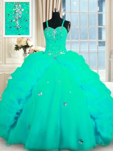 Organza Spaghetti Straps Sleeveless Sweep Train Lace Up Beading and Ruffles 15 Quinceanera Dress in Turquoise