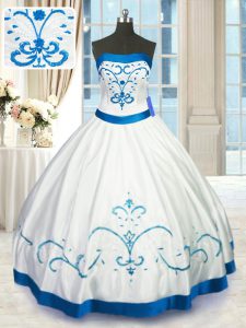 Floor Length White Quinceanera Dresses Satin Sleeveless Beading and Embroidery