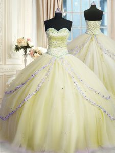 With Train Ball Gowns Sleeveless Light Yellow Quince Ball Gowns Court Train Lace Up
