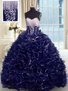 Organza Sleeveless With Train Vestidos de Quinceanera Brush Train and Beading and Ruffles