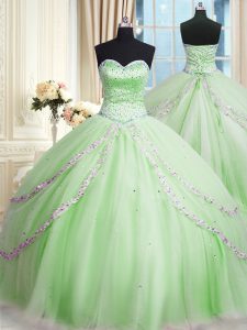 With Train Ball Gowns Sleeveless Apple Green Quinceanera Gowns Court Train Lace Up
