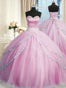 High Quality Sleeveless Tulle With Train Court Train Lace Up Ball Gown Prom Dress in Lilac with Beading and Appliques