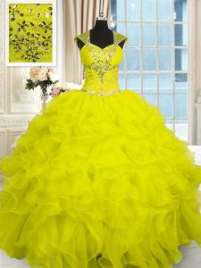 Floor Length Yellow Quinceanera Gowns Straps Cap Sleeves Lace Up