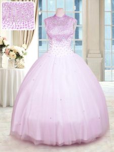 Lilac Ball Gowns Tulle High-neck Sleeveless Beading Floor Length Zipper Sweet 16 Quinceanera Dress
