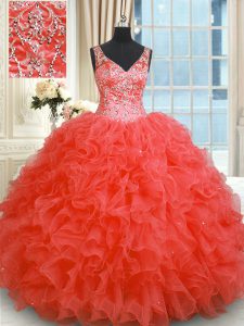 Fabulous Coral Red Sleeveless Beading and Ruffles Floor Length Quinceanera Gowns