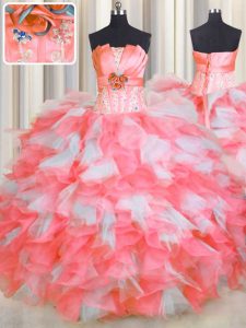 Pink And White Ball Gowns Organza Strapless Sleeveless Beading and Ruffles and Hand Made Flower Floor Length Lace Up Ves
