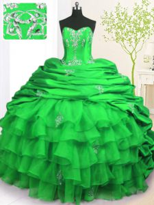 Shining With Train Lace Up 15 Quinceanera Dress Green for Military Ball and Sweet 16 and Quinceanera with Beading and Ap