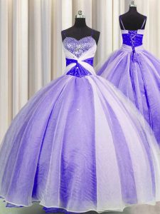 Best Selling Lavender Organza Lace Up Spaghetti Straps Sleeveless Floor Length Quinceanera Gown Beading and Sequins and 
