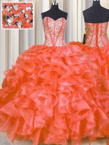 Artistic Floor Length Red Sweet 16 Dresses Organza Sleeveless Beading and Ruffles