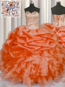 High End Orange Red Organza Lace Up Sweet 16 Dresses Sleeveless Floor Length Beading and Ruffles and Pick Ups