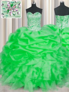 Sweetheart Sleeveless Sweet 16 Quinceanera Dress Floor Length Beading and Ruffles Green Organza