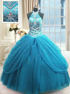 Excellent Baby Blue Ball Gowns High-neck Sleeveless Tulle Floor Length Lace Up Beading 15th Birthday Dress