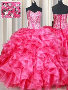 Sweetheart Sleeveless Sweet 16 Dress Floor Length Beading and Ruffles Coral Red Organza