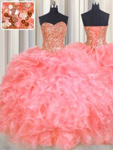 Halter Top Sleeveless Lace Up Sweet 16 Dresses Watermelon Red Organza