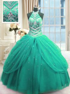 Decent Turquoise Tulle Lace Up High-neck Sleeveless Floor Length Quince Ball Gowns Beading