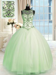 Hot Selling Scoop Apple Green Ball Gowns Beading Quinceanera Gowns Lace Up Tulle Sleeveless Floor Length