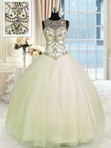Tulle Scoop Sleeveless Lace Up Beading Quince Ball Gowns in Champagne