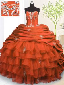 Orange Red Ball Gowns Beading and Appliques and Ruffled Layers and Pick Ups Quinceanera Gown Lace Up Organza and Taffeta