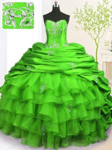 Fitting Beading and Appliques and Ruffled Layers and Pick Ups Sweet 16 Dresses Green Lace Up Sleeveless With Brush Train