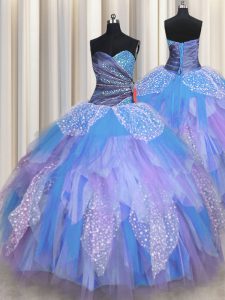 Dynamic Sweetheart Sleeveless Quinceanera Gowns Floor Length Beading and Ruching Multi-color Tulle