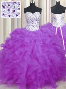 Cute Lilac Ball Gowns Organza Sweetheart Sleeveless Beading and Ruffles Floor Length Lace Up Quinceanera Gowns