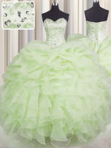 Spectacular Yellow Green Organza Lace Up Quinceanera Gowns Sleeveless Floor Length Beading and Ruffles