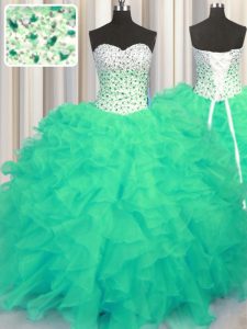 Exceptional Turquoise Ball Gowns Organza Sweetheart Sleeveless Beading and Ruffles Floor Length Lace Up Quinceanera Dres