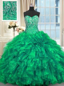 Fantastic Turquoise Ball Gowns Beading and Ruffles 15th Birthday Dress Lace Up Organza Sleeveless