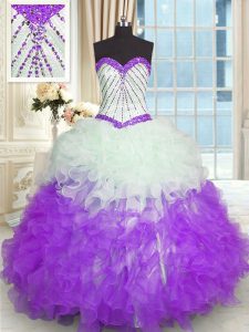 On Sale White And Purple Ball Gowns Sweetheart Sleeveless Organza Floor Length Lace Up Beading and Ruffles 15th Birthday