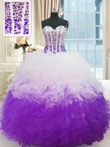 White And Purple Sleeveless Organza Lace Up Quinceanera Gown for Military Ball and Sweet 16 and Quinceanera