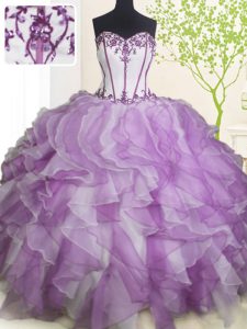 Sleeveless Organza Floor Length Lace Up Quinceanera Gown in White And Purple with Beading and Ruffles