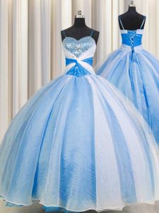 Top Selling Spaghetti Straps Baby Blue Sleeveless Floor Length Beading and Sequins and Ruching Lace Up Quince Ball Gowns
