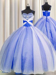 Customized Organza Spaghetti Straps Sleeveless Lace Up Beading and Sequins and Ruching Ball Gown Prom Dress in Blue And 