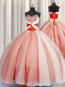 Eye-catching Orange Red Organza Lace Up Quince Ball Gowns Sleeveless Floor Length Beading and Sequins and Ruching