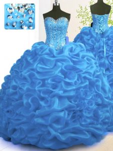 Free and Easy Sweetheart Sleeveless Sweet 16 Dresses With Brush Train Beading and Ruffles Blue Organza
