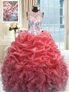 Perfect Scoop Beading and Ruffles Quinceanera Gowns Watermelon Red Zipper Sleeveless Floor Length