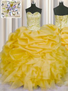 Luxury Beading and Ruffles and Pick Ups Quince Ball Gowns Gold Lace Up Sleeveless Floor Length