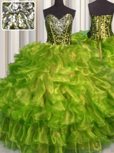 Sophisticated Olive Green Sweetheart Lace Up Beading and Ruffles Quinceanera Gown Sleeveless