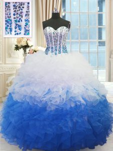 Attractive Blue And White Ball Gowns Beading and Ruffles 15 Quinceanera Dress Lace Up Organza Sleeveless Floor Length