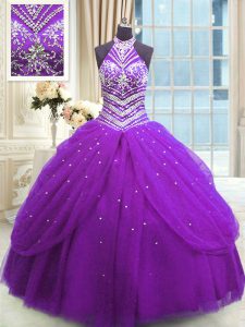 Modest Purple Lace Up Sweet 16 Dress Beading Sleeveless Floor Length