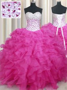Fashion Hot Pink Halter Top Neckline Beading and Ruffles Vestidos de Quinceanera Sleeveless Lace Up