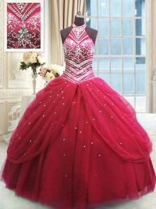 Modest Red Ball Gowns High-neck Sleeveless Tulle Floor Length Lace Up Beading Vestidos de Quinceanera