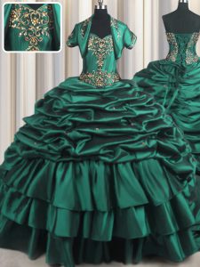 Nice Sweetheart Sleeveless Quinceanera Gown With Brush Train Beading and Appliques and Pick Ups Peacock Green Taffeta