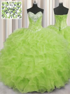 Pretty Yellow Green Ball Gowns Organza Sweetheart Sleeveless Beading and Ruffles Floor Length Lace Up Sweet 16 Quinceane