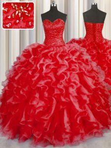 Artistic Coral Red Ball Gowns Organza Halter Top Sleeveless Beading and Ruffles Floor Length Lace Up Sweet 16 Dress