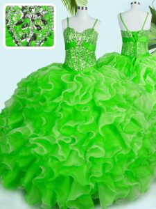 Smart Ball Gowns Spaghetti Straps Sleeveless Organza Floor Length Lace Up Beading and Ruffles 15 Quinceanera Dress