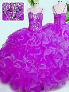 Luxurious Fuchsia Ball Gowns Spaghetti Straps Sleeveless Organza Floor Length Lace Up Beading and Ruffles Sweet 16 Quinc