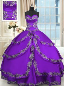 Floor Length Lace Up 15 Quinceanera Dress Purple for Military Ball and Sweet 16 and Quinceanera with Beading and Appliqu