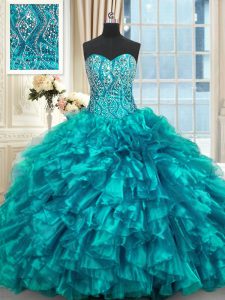 Lace Up Quinceanera Dress Teal for Military Ball and Sweet 16 and Quinceanera with Beading and Ruffles Brush Train